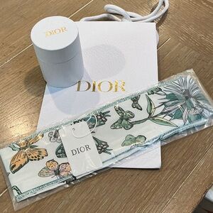 Dior green butterfly & floral twilly. Box & gift bag included.  GWP.